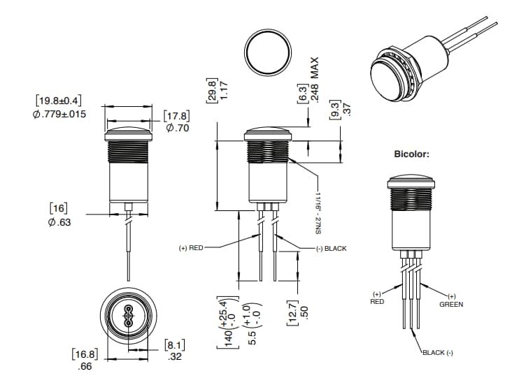 Mechanical Drawing - VCC PML50 LED Panel Mount Indicators